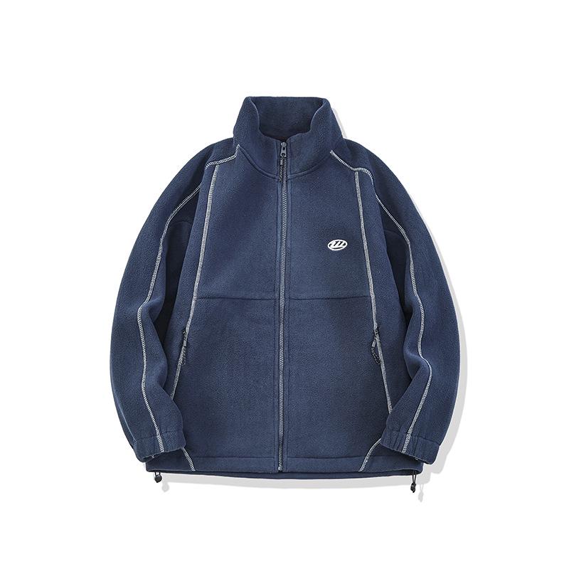 

Men s American Style Lambswool Fleece Jacket with Contrast Stitching, Stand Collar, Loose Fit - Spring/Autumn 2025 Collection. L темно-синього кольору