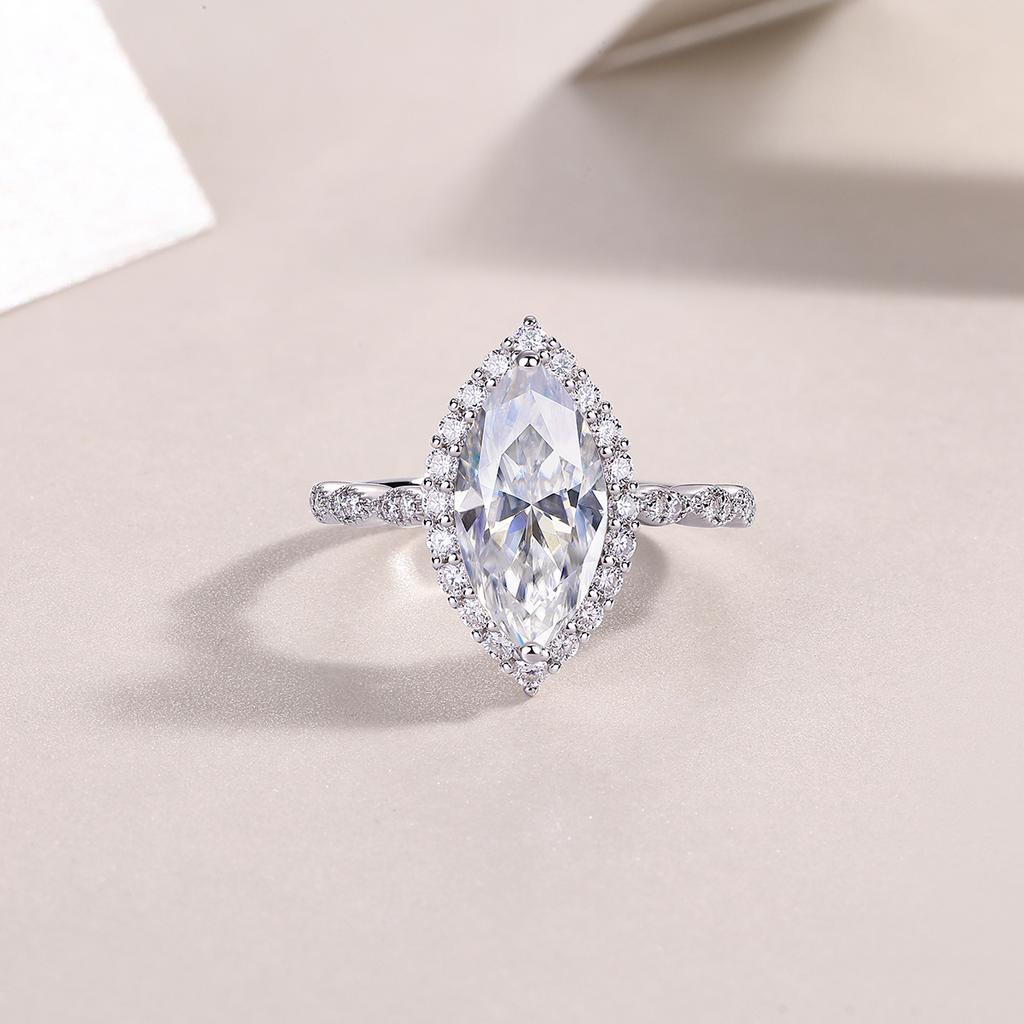 Factory Price Jewelry New Design Luxury S925 Silver Women Fine Rings 3ct Marquise Cut Moissanite Ring