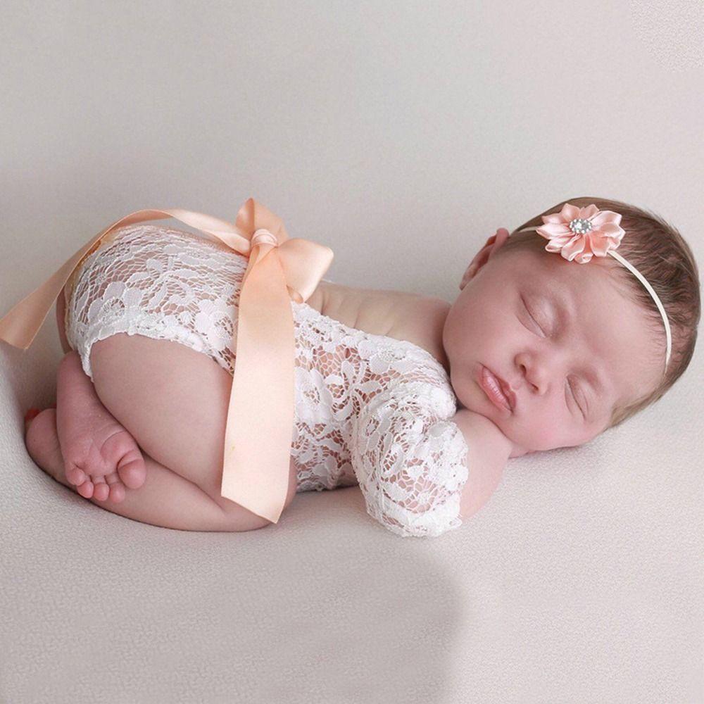2Pcs/Set Bow Tie Design Newborn Lace Romper Hollow Back Newborn Photography Props Baby Photoshoot