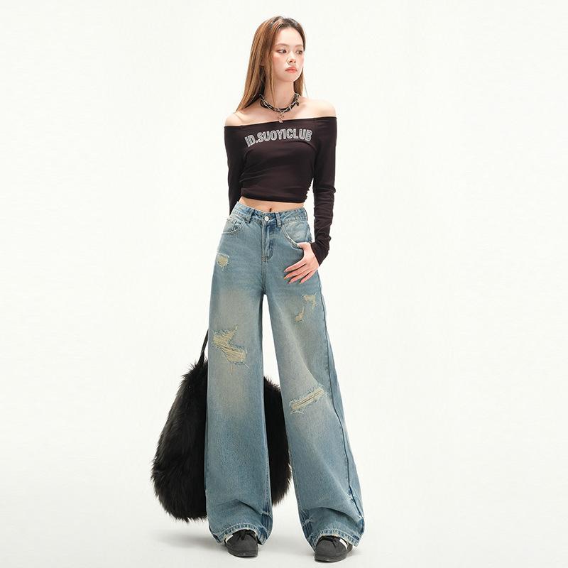 Retro Ripped Jeans for Women Spring Loose Slim High Waist Wide-leg Jeans for Women Wide-leg Jeans for Women Ripped Jeans
