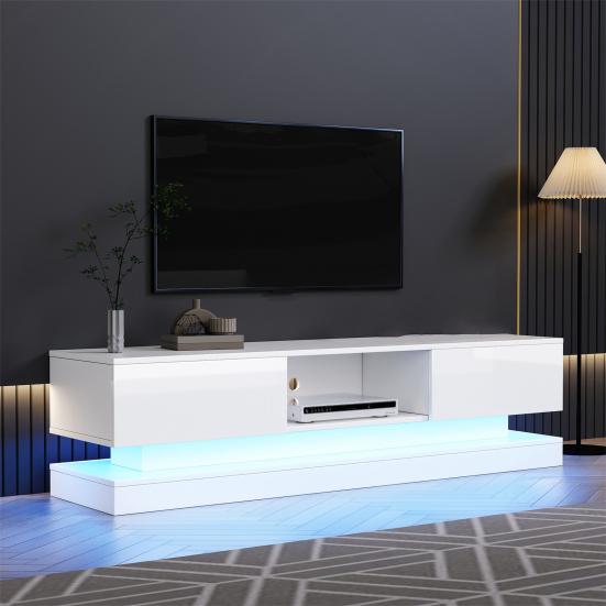 TV Media Cabinet, White High-Gloss TV Cabinet with LED Light, 2 Drawers, App Control, Anti-Tilt Design, for 60-Inch TV