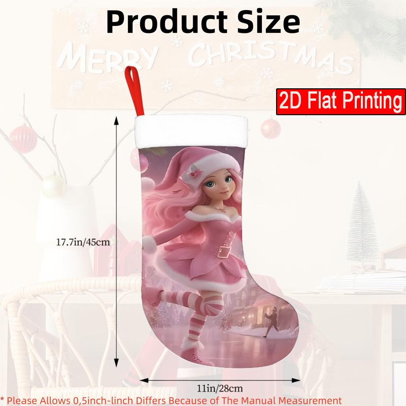 Christmas Decoration Fireplace Hanging Stocking 1pc Pink Christmas Elf On Ice-Pattern Christmas Gift Socks, Ch