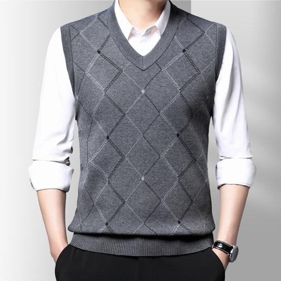 Heren gebreid vest herfst winter V-hals geometrische ruit effen kleur warm winddicht zacht casual mannelijk vest mouwloos top