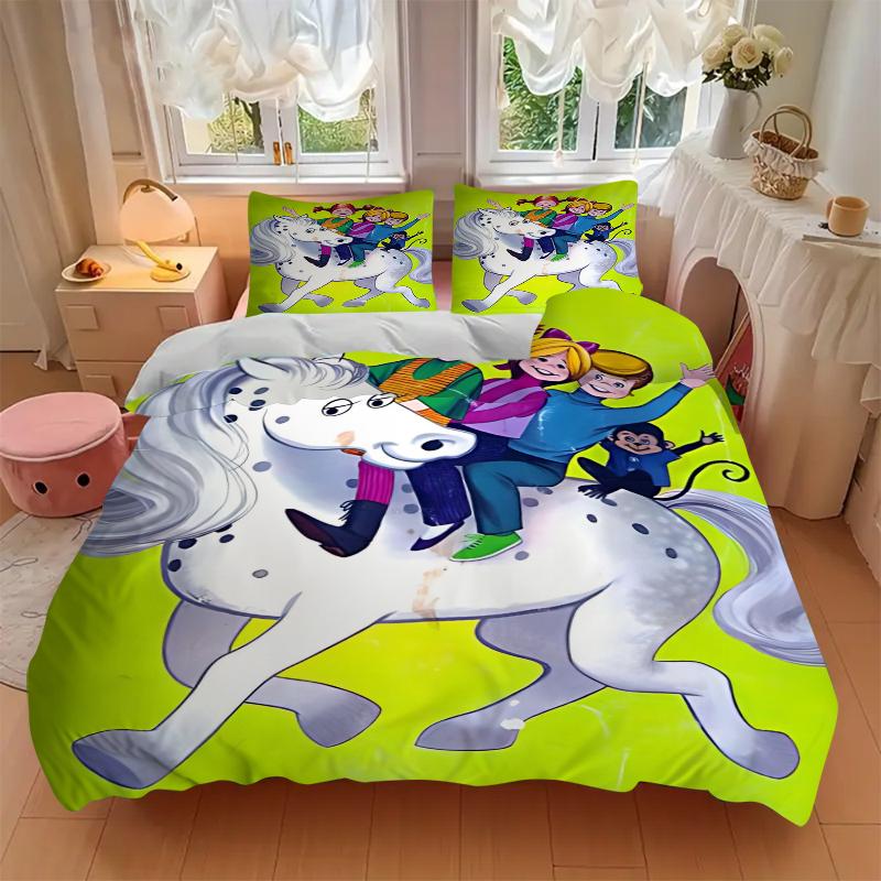 3Pcs Pippi Friends Ride Horse Bedding Set Soft Fabric Duvet Cover Pillowcases Home Christmas Xmas Halloween Gift 1 Duvet Cover 2 Pillowcase G170