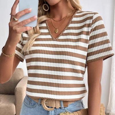 Ladies Summer Short Sleeve V Neck Striped Pullover Knitted T Shirt Top