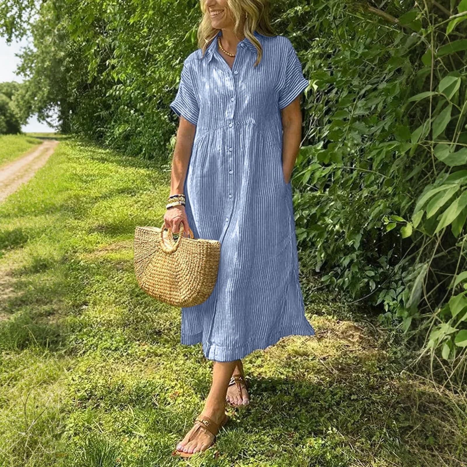 

Женское повседневное хлопково-льняное полосатое платье-рубашка с коротким рукавом и принтом XXL синий