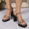 Summer New Square Head Thick Heel Sandals Ultra High Heels Fashionable Waterproof Platform Women's Shoes Leopard Print