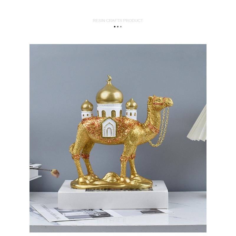 Camels Figurine with Mosque Tower Resin Camels Statue Ornament for Ramadans Eid Mubarak Home Decors Collectibles Gift
