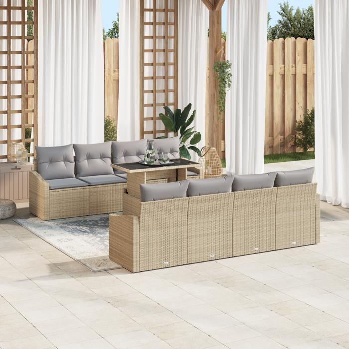 VidaXL Set de canapé de jardin 9 pièces avec coussins Beige Poly Rotin 3348966