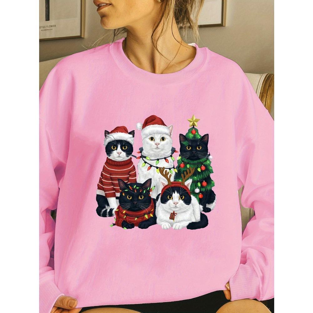 

Рождественский кошачий принт Женская осенне-зимняя толстовка Модный и удобный топ с круглым вырезом Повседневная одежда XL