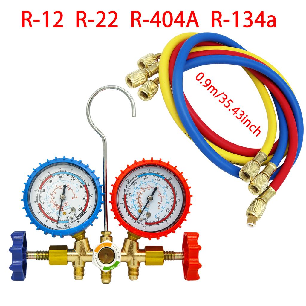 3-Way AC Manifold Gauge Set with Hoses for R12, R22, R404A, R134a | Automotive HVAC Refrigerant Diagnostic Tool