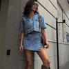 Tooling Denim Suit Skirt Pants Women's Summer V-Neck Short Sleeve Top Spice Girl High Waist Irregular