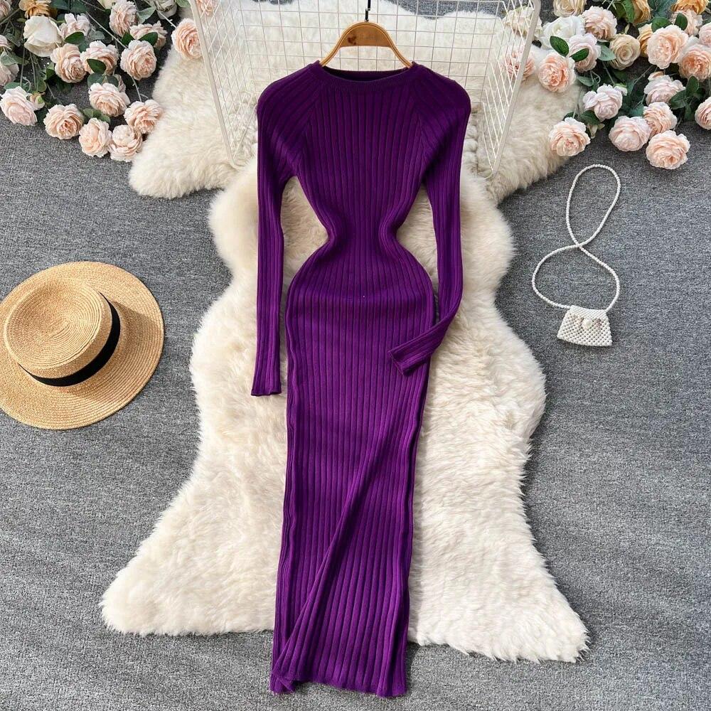 Women Autumn Knitted Dress O Neck Sexy Slim Elastic Oversized Basic Bodycon Long Dress Winter Knit Warm Sweater Dresses