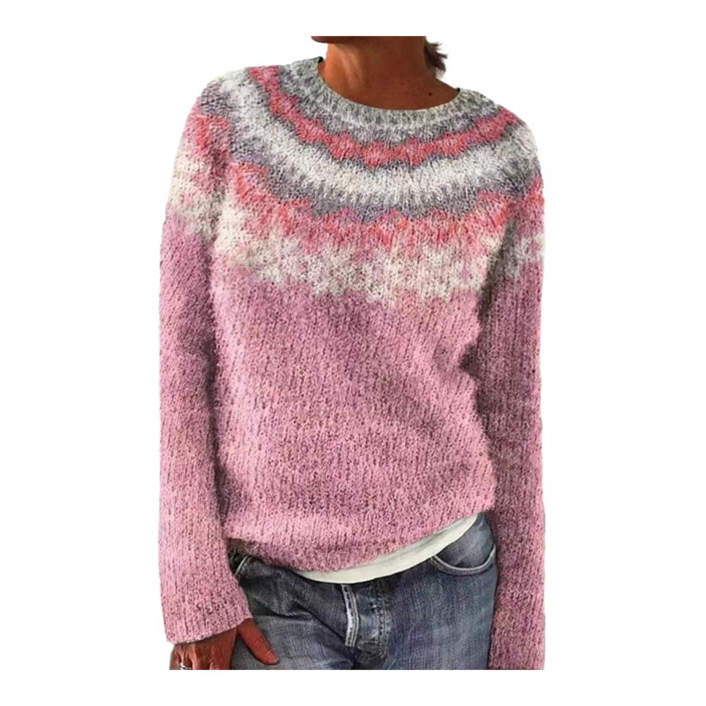 Knitted Sweater Geometric Pattern Patchwork Women's Sweater O-neck Long Sleeve Loose Fit Crochet Top in Color Knitting Style