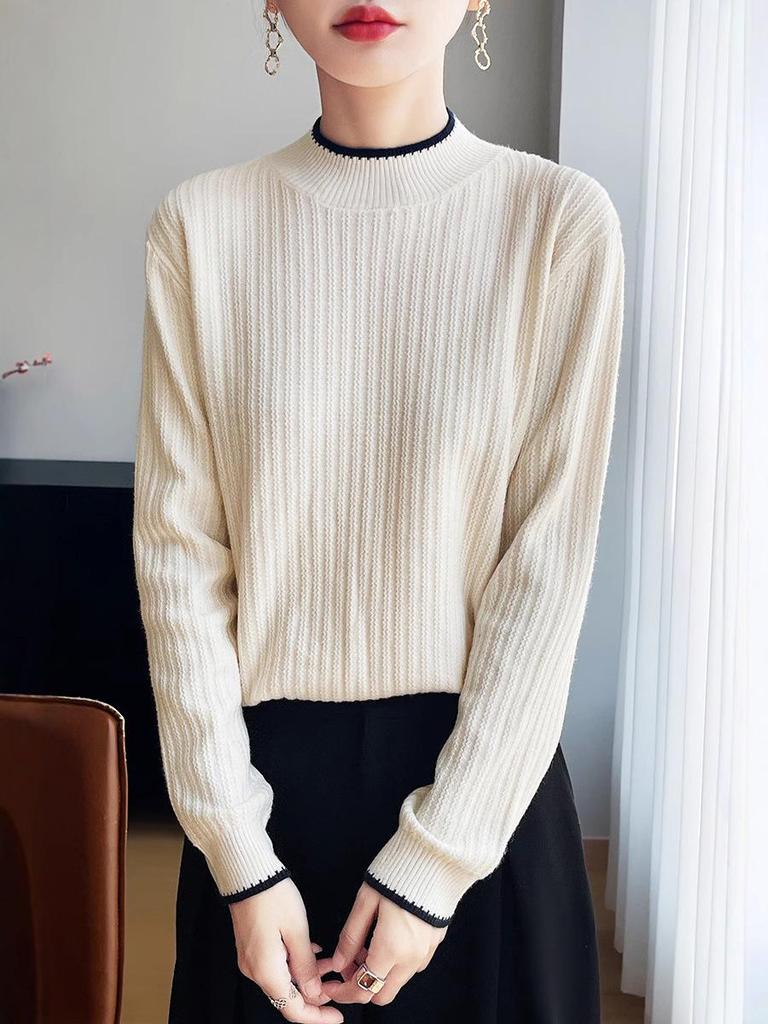 Women's Lace Color Block Knit Pullover - Loose Fit, Half High Collar, Slim Base Layer Top for Autumn/Winter