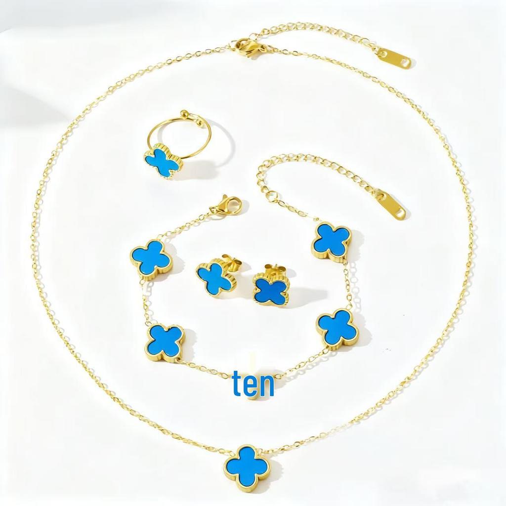 13mm Vierblättriges Kleeblatt Titanstahl Schmuckset: 18K Armband, Halskette, Ohrringe