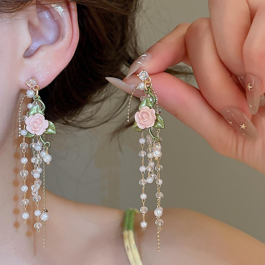 Silberne Nadel Strass Blume Quaste Brautohrringe, Vielseitige Ohrstecker für Damenmode.