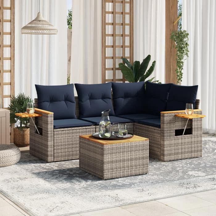 VidaXL Salon de Jardin avec Coussins 5 pcs, Canapés de Patio, Ensemble de Meubles, Mobilier de Terrasse Exterieur, Gris 3226782