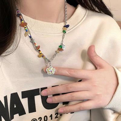 Color Beaded Smiley Face Flower Stone Splicing Necklace Niche Personality Design Sense Premium Sweet and Cool Spice Girl Accessories