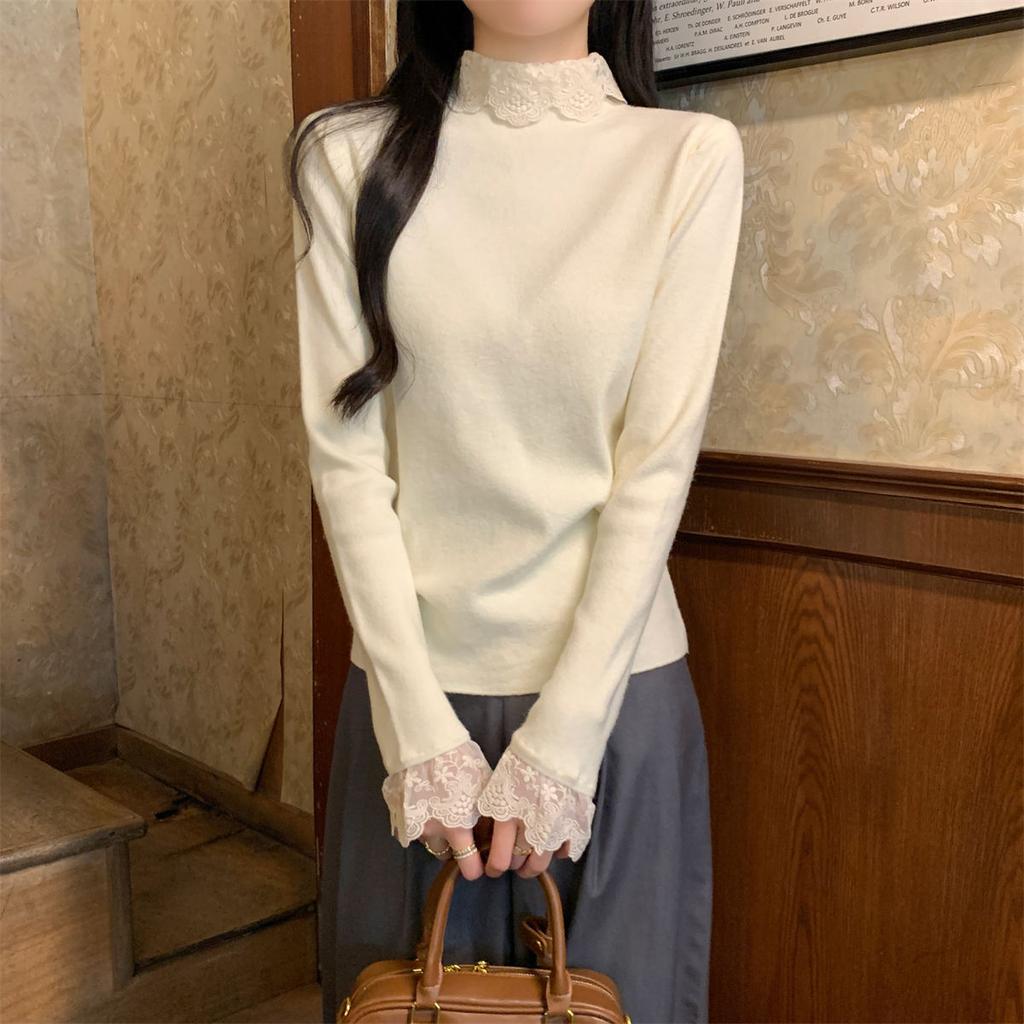 Lace splicing turtleneck soft waxy slim-fitting Andy velvet bottomed knitted sweater women's autumn and winter inner top