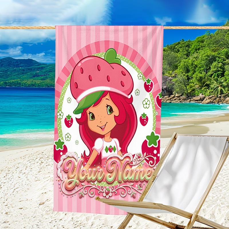 1pc Princess Strawberry Beach Towel with Custom Name, Beach and Seaside Swimming Pool Equipment, Fashion Pattern, Rectangular, Travel Essential