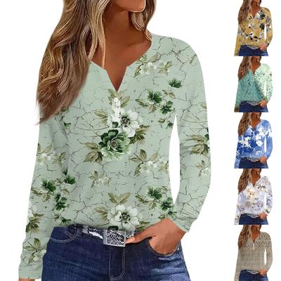 Women's Fashion Casual V-Neck Floral Print Long Sleeve Decorative Button T-Shirt Top
