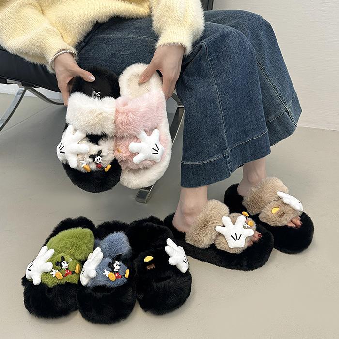 Cute cartoon one-word mop Mao Mao slippers women's outer wear 2025 autumn new thick-bottomed comfortable versatile non-slip cotton mop