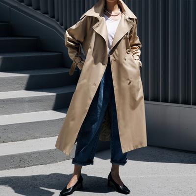 Trench tinta unita alla moda coreana per le donne, autunno, colletto rovesciato, fasciatura, cappotti femminili larghi