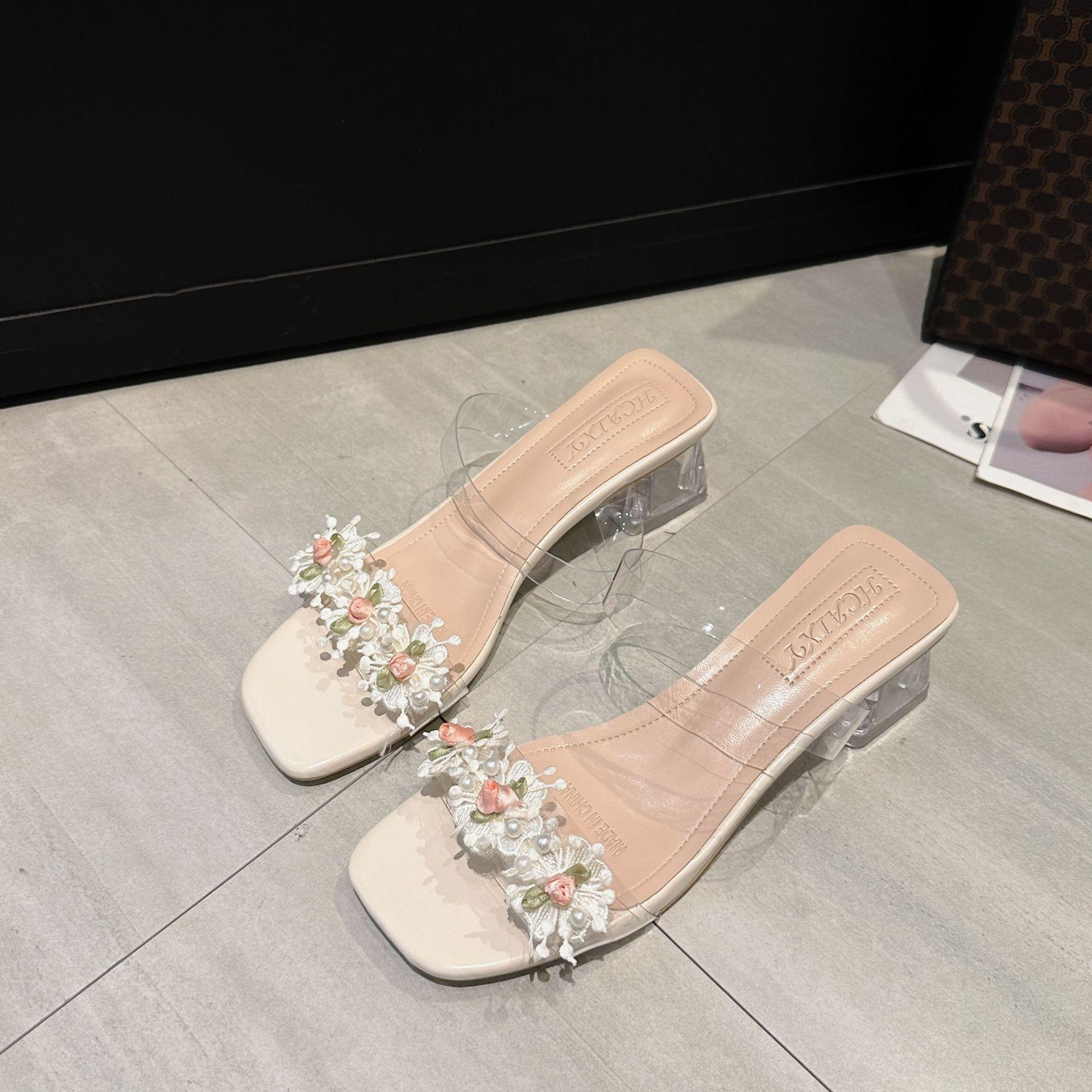

2025 summer new flower thick-heeled slippers women s outer wear double strips transparent open-toed high heels women s shoes 42