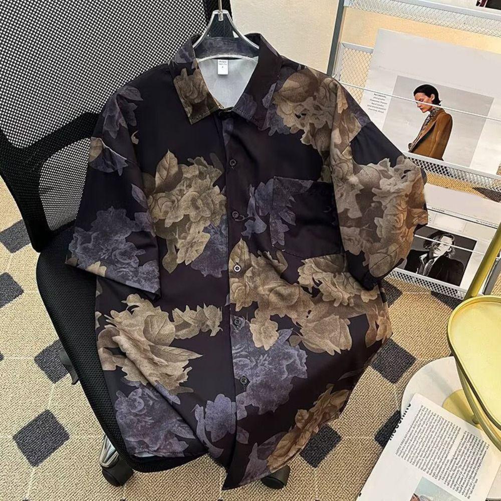 Loose Beachwear Shirts Men V-neck Short Sleeve Shirts All Match Women Flower Blouse Summer