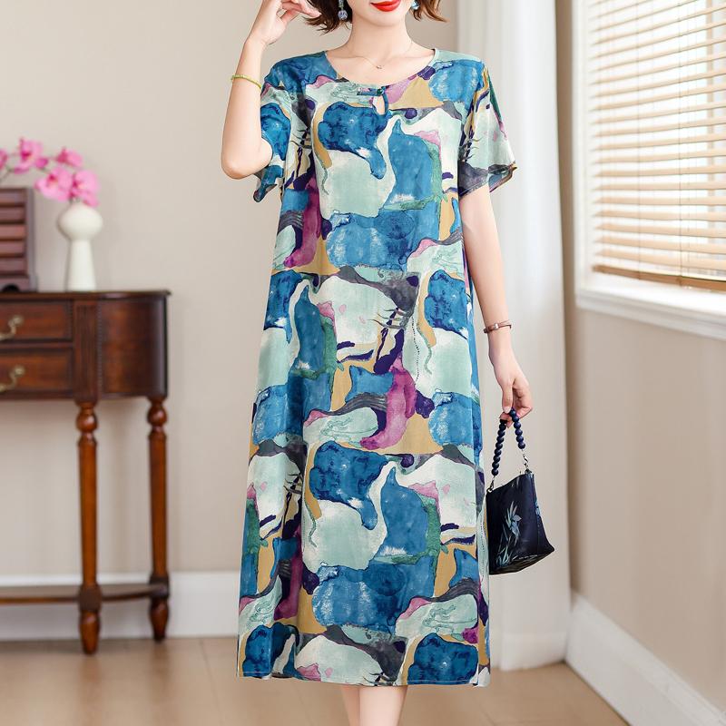 Elegant Long Dresses for Women Plus Size Loose Short Sleeve Vintage Dress Summer Middle-aged Women's Clothing