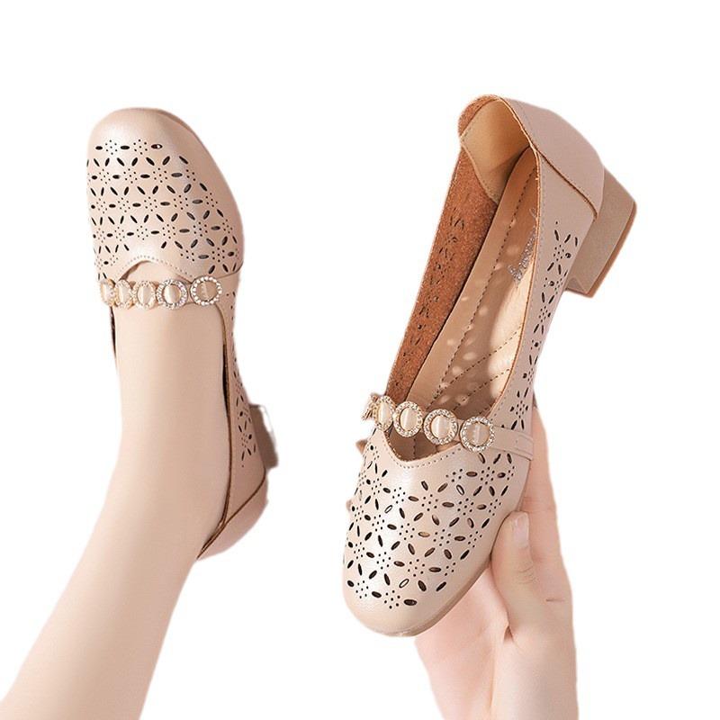 Hollow shallow mouth single shoes women's new spring and summer thick heel round head breathable hole shoes soft sole comfortable sandals