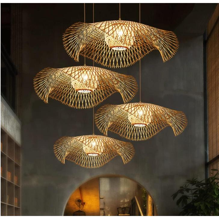 Floating Double Lotus Leaves Hand-woven Bamboo Ceiling Fixture Ancient Natural Rattan Pendant Lighting Ceiling Hang Light