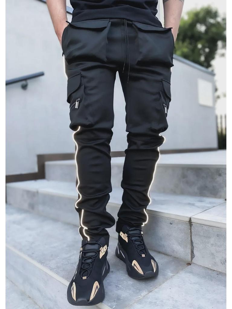 Pánské reflexní elastické cargo kalhoty slim fit: Trendy sportovní a volnočasové oblečení na jaro a podzim