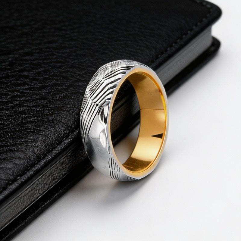 Wide Two-tone Textured Stainless Steel Ring for Men Women Anillos Vintage Wave Pattern Band Rings Size 6-9 Jewelry