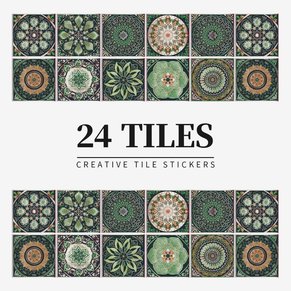 24Pcs/Set Mandala Style Ceramics Wall Sticker Waterproof Vintage Tile Decoration Film 10/15/20cm Self Adhesive