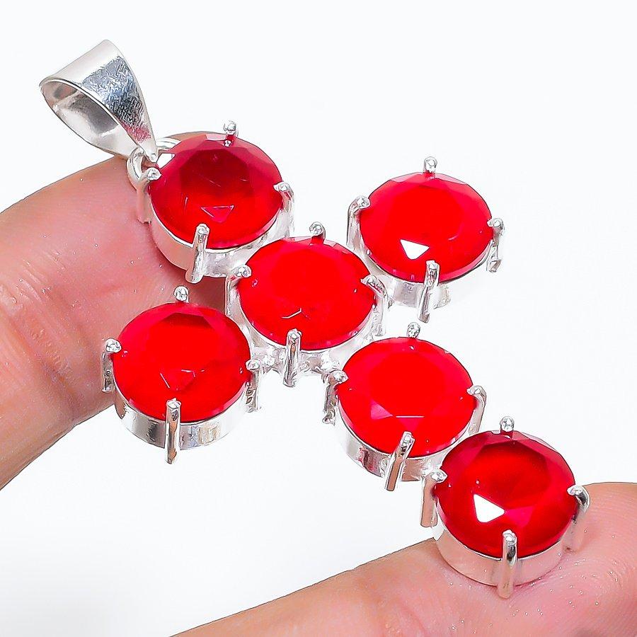 

Крест Рубиновый(Смоделированный) Этническая ювелирная подвеска ручной работы с драгоценными камнями 2,09 дюйма VR-3331