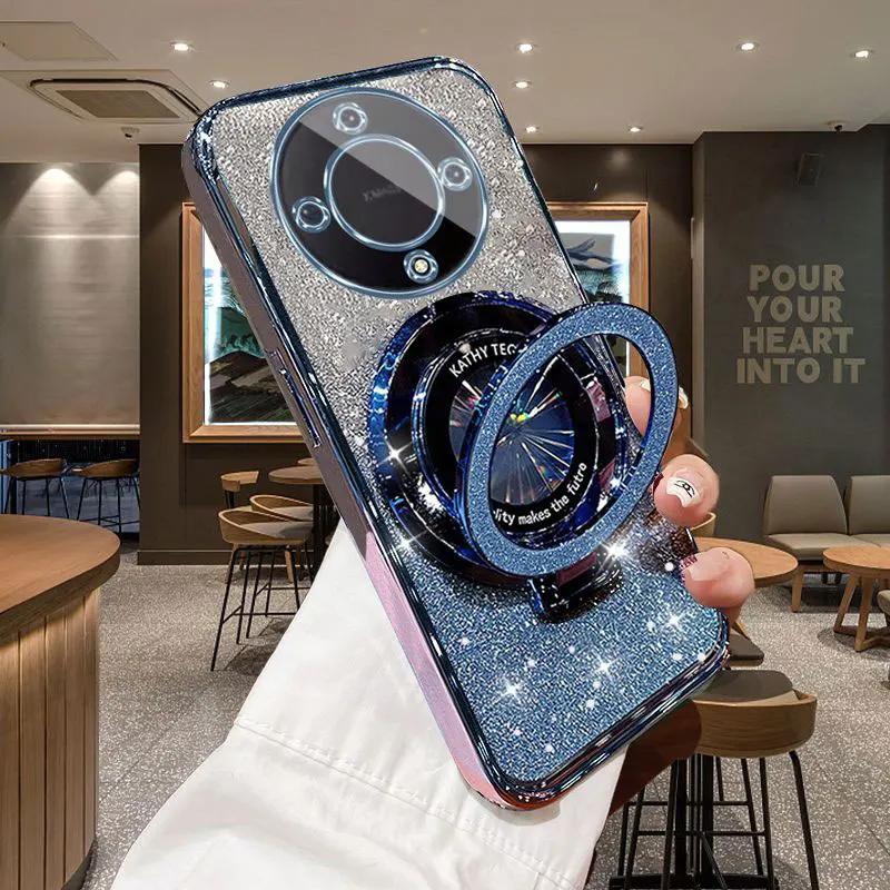 

Роскошный держатель с блестками, мягкий чехол для Honor Magic 5 6 Lite X9a X9b, магнитный всасывающий кронштейн, противоударная крышка Honor x9b&Case & Holder синий