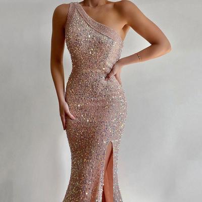 Vestido de noche para dama, escote oblicuo, un hombro, sin mangas, lentejuelas, abertura en el dobladillo, ajustado
