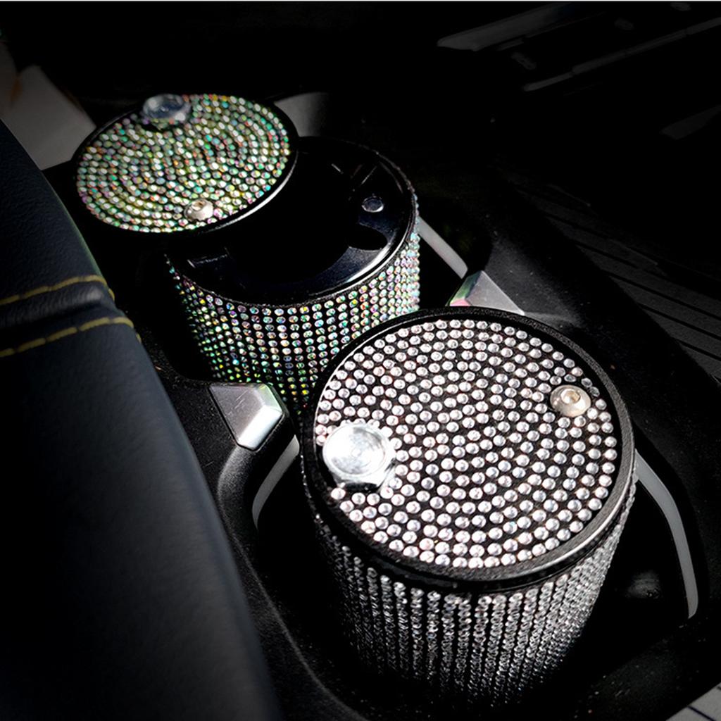 Rhinestone Inlaid Portable Car Ashtray Detachable Metal Large Capacity Sealed Ash Cup 10x6cm Bling Auto Interior Accessory