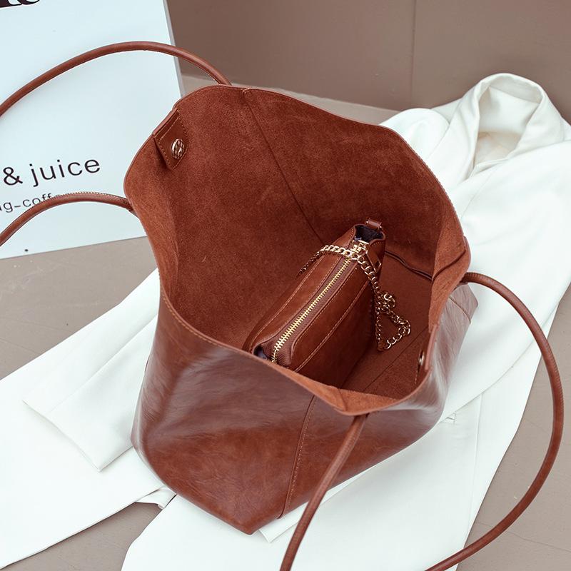 Tote bag new fashion mother and child bag oil wax leather women's handbag large capacity retro shoulder bag