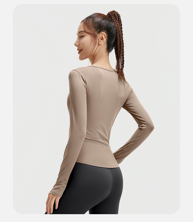 Juyitang Seamless V-Neck Long-Sleeve Yoga Suit with Pleated Waist and Slim-Fit Top
