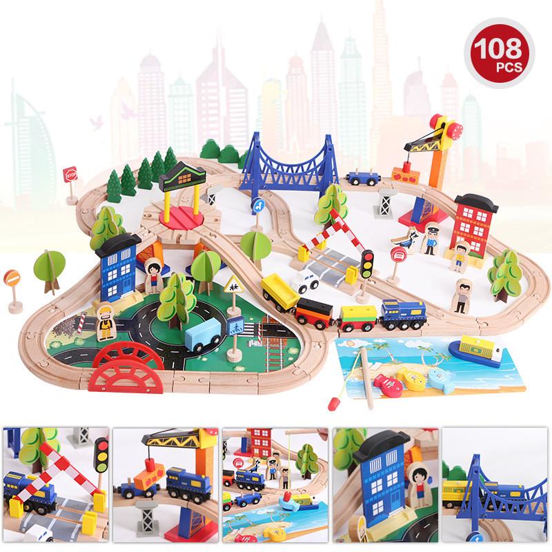 Wooden Track Train Set With 108 Pieces For Kids Educational Playroom