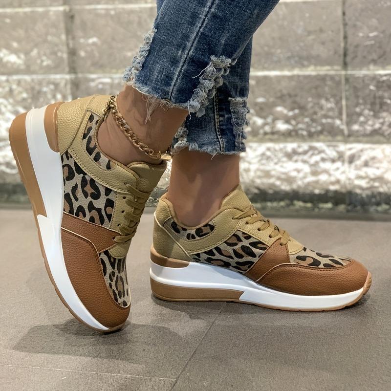 Damenmode-Sneaker mit Leopardenmuster - Lässige Schnür-Plateauschuhe mit EVA-Sohle, Innenseite aus Stoff, Ganzjahres-Low-Top-Design