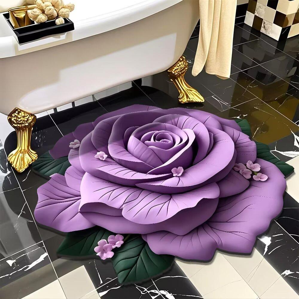 Plush Floral Floor Mat Absorbent Diatomaceous Earth Floor Rug Non-Slip 3D Visual Flower Pattern Rug for Bedroom Entrance Kitchen