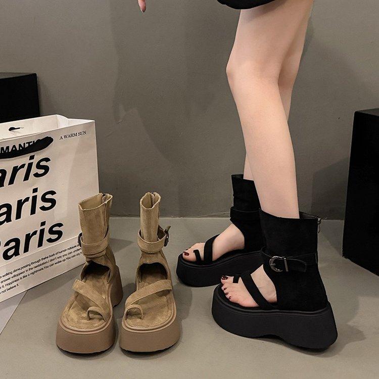 Vintage Platform Roman Sandals Women's 2025 Summer New Fashion Set Toe High-top Sandals Heightening Rear Zipper Short Boots