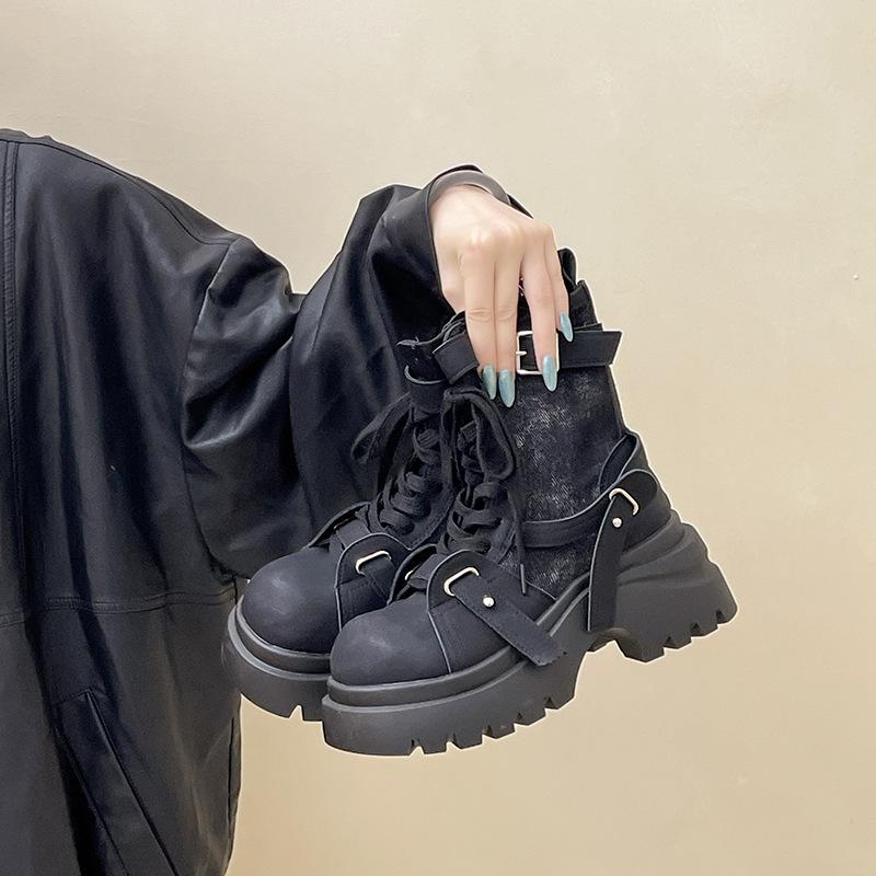 Autumn and Winter New Fashionable Women's Martin Boots Splicing Cloth Platform Muffin Short Boots Strap Versatile Locomotive Boots