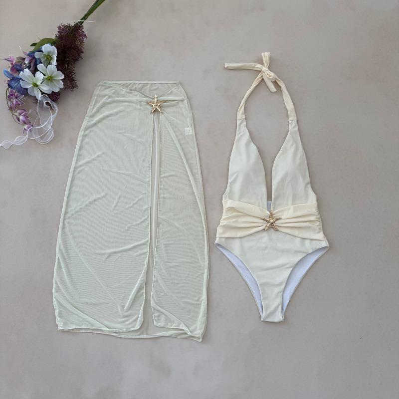 New Solid Color One-piece Split Dress Mesh Neck Sexy Summer Bikini