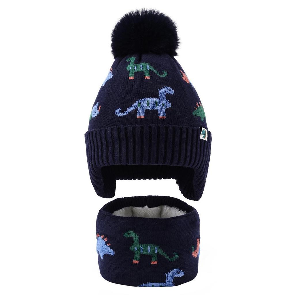 Cartoon Dinosaurier Woll-Pompon-Mütze & Schal Set: Verdicktes Strickmaterial für Herbst/Winter, Ohrenschützende Wärme