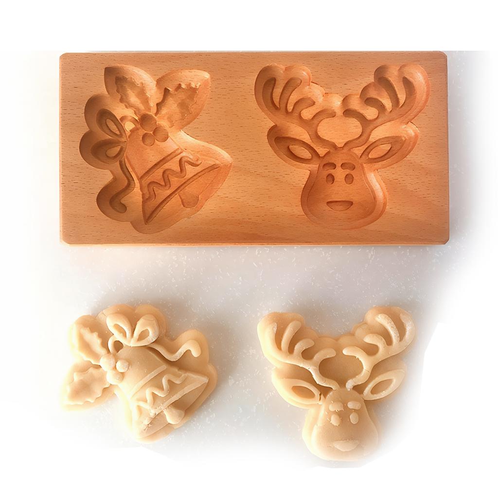 Wooden Cookie Molds for Christmas, DIY 3D Engraved Embossed Biscuit Gingerbread Cutter Moulds, Xmas Tree Reindeer Santa Claus